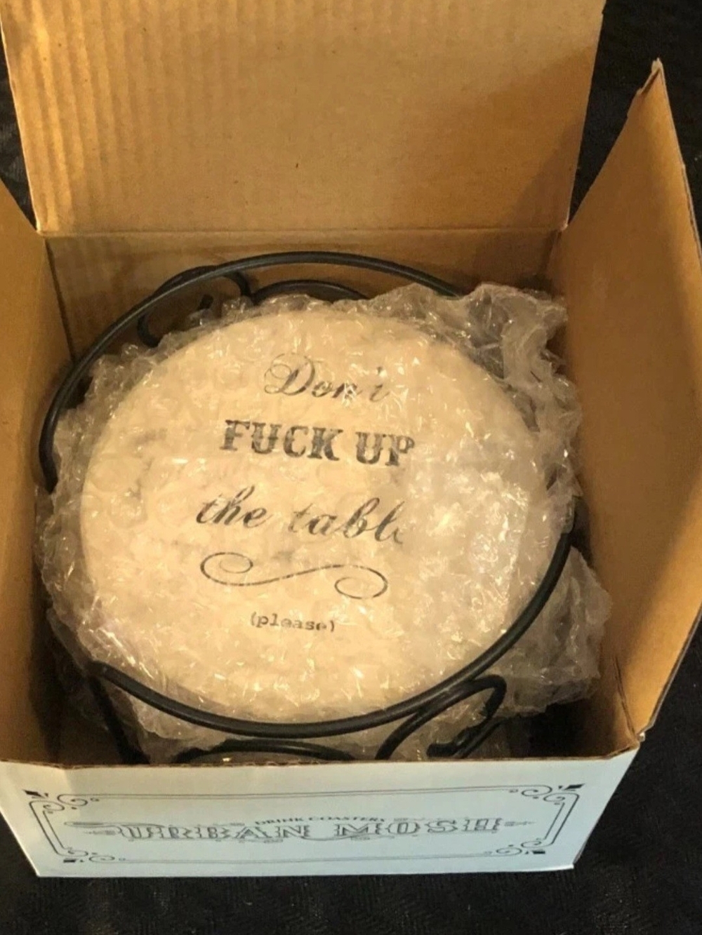 Dont F Up The Plates, Please Coasters  with Iron Stand - White with Black Script